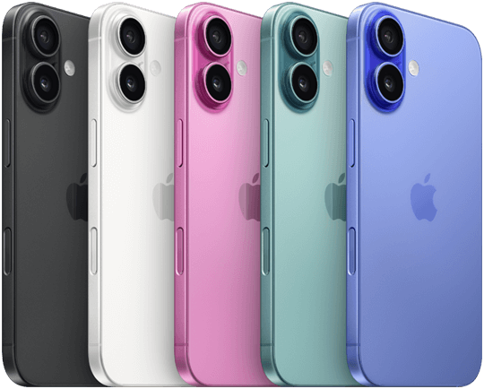 Imagem da parte de trás do iPhone 16, mostrando a elevação do sistema avançado de câmera dupla, o logotipo da Apple no centro e as cinco cores, que são preto, branco, rosa, verde-acinzentado e ultramarino.